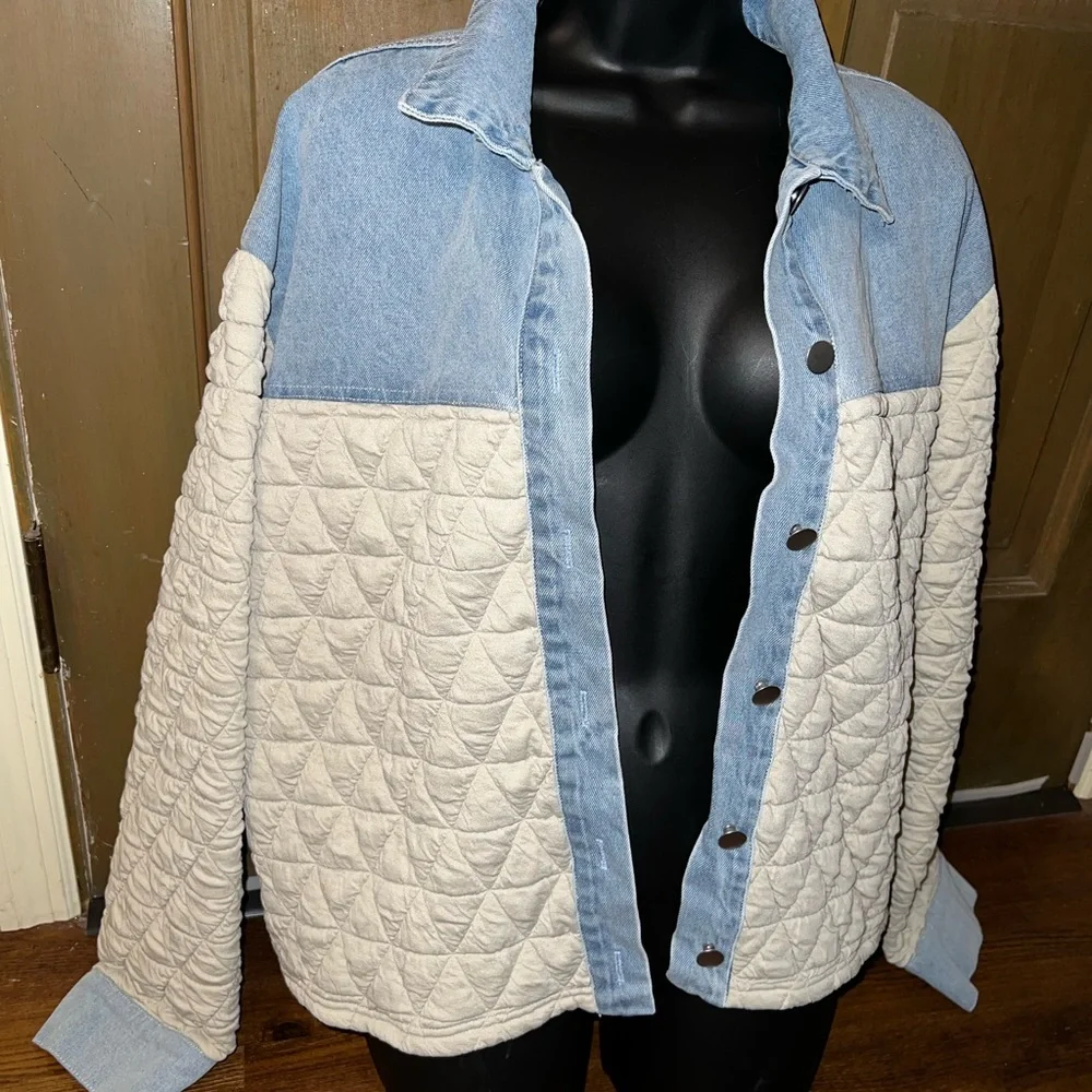 So Me Quilted Cream Button Up Light Blue Denim Trim Long Sleeve Jacket Size XL - Picture 4 of 12